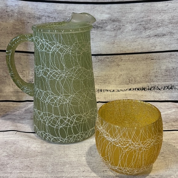 Color Craft Corp Green Spaghetti String Pitcher and Roly Poly Glass - Picture 2 of 3